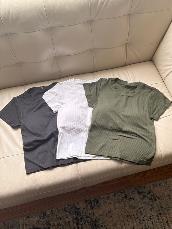 CALIA by Carrie Underwood Tops - Set of 3 CALIA Cropped Ribbed Crew Neck T-Shirt - Olive, White, Black
